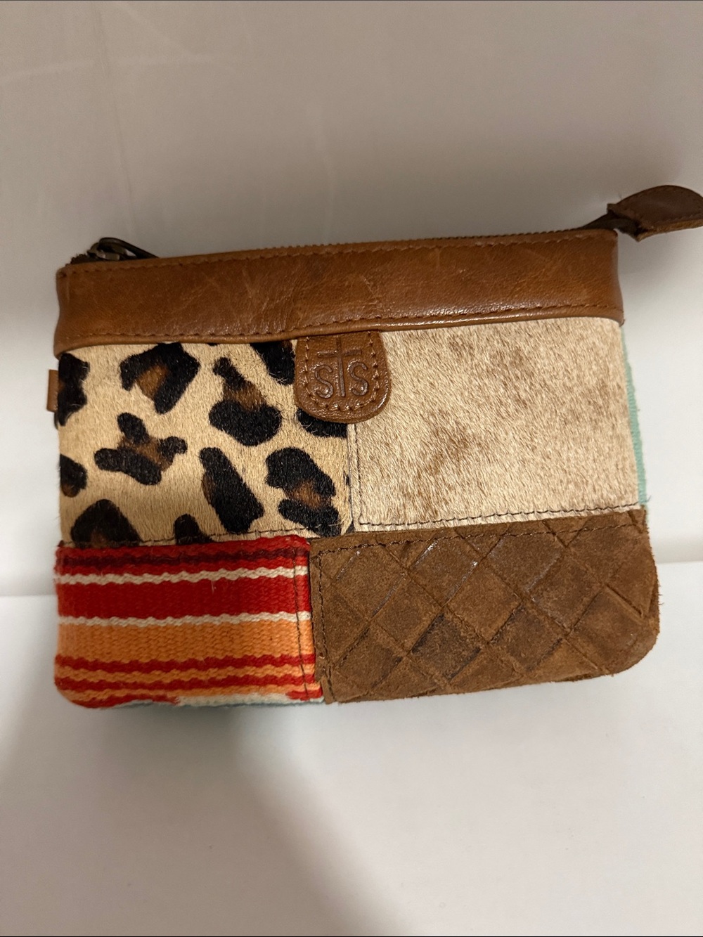 STS Ranchwear Brown Leopard Patchwork Cosmetic Wristlet with Red Orange Stripe